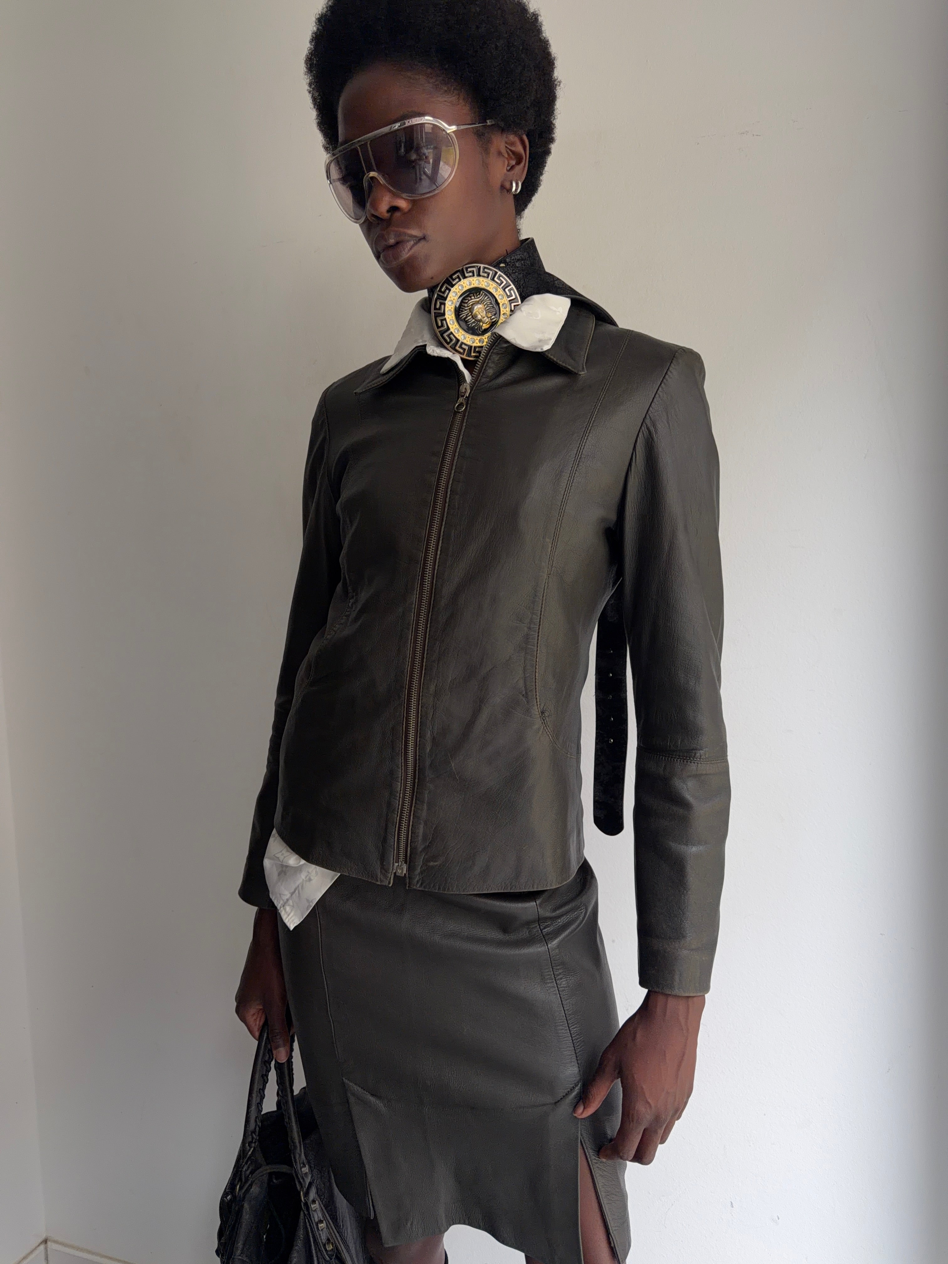 real leather set(jacket and skirt)