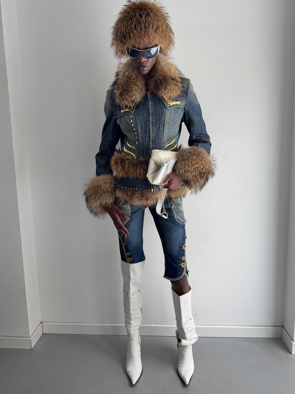 Denim real fur set