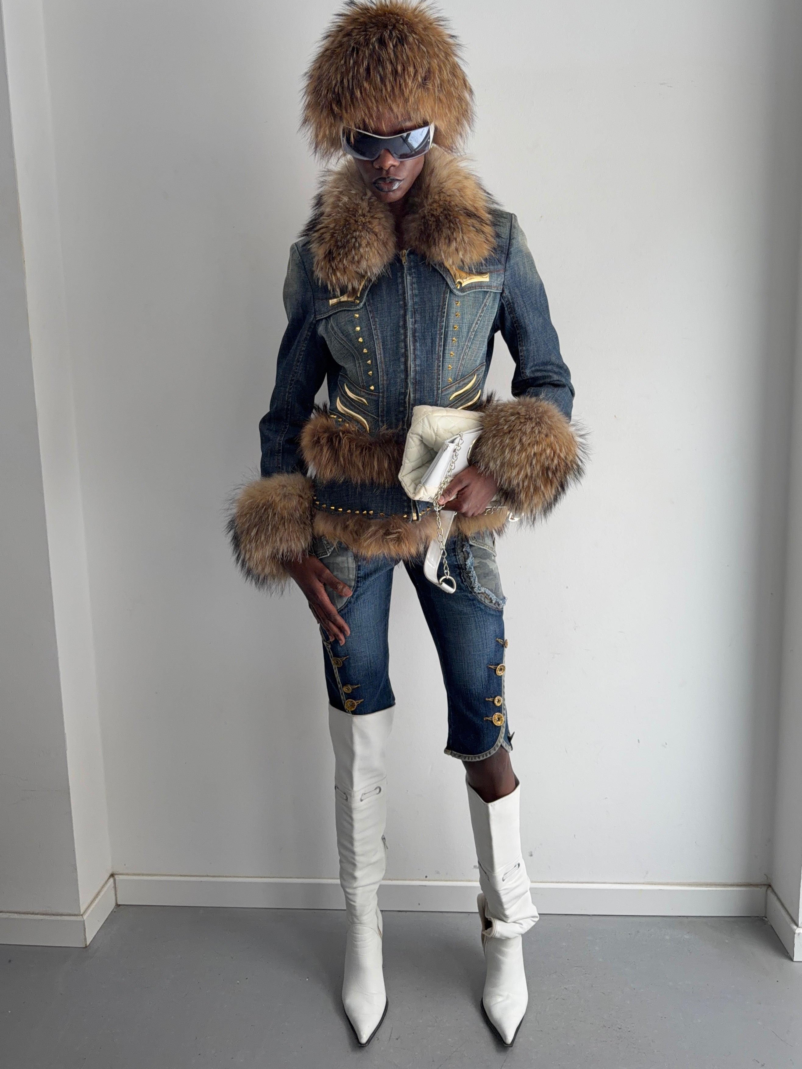 Denim real fur set