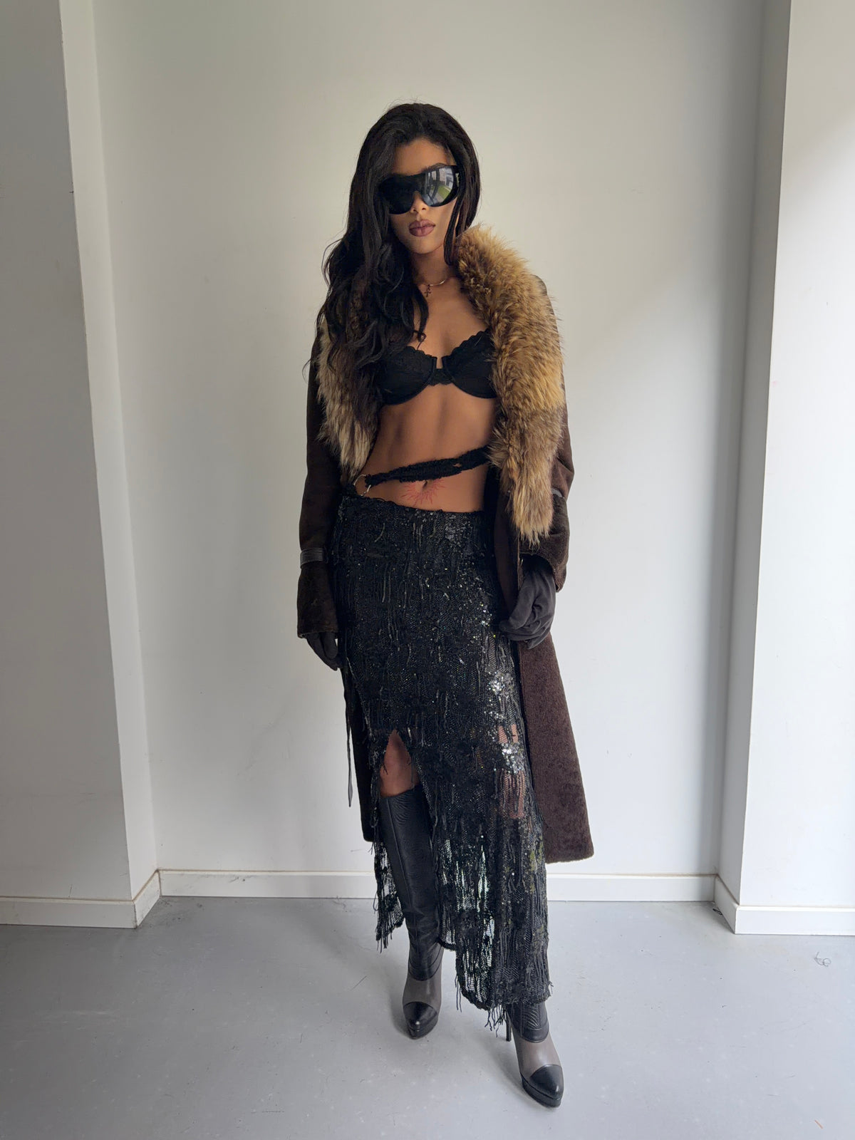 real fur coat with belt