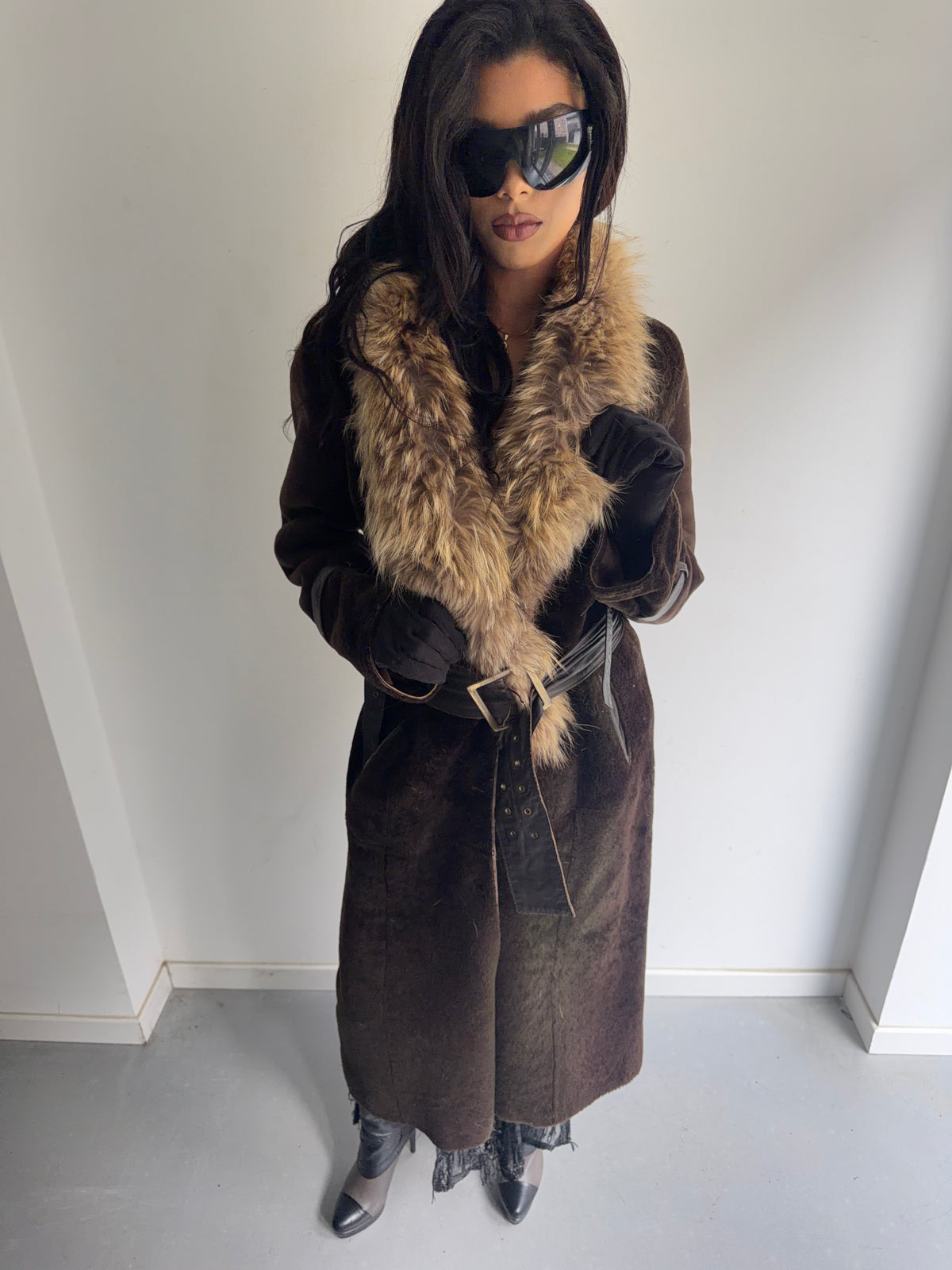 real fur coat with belt