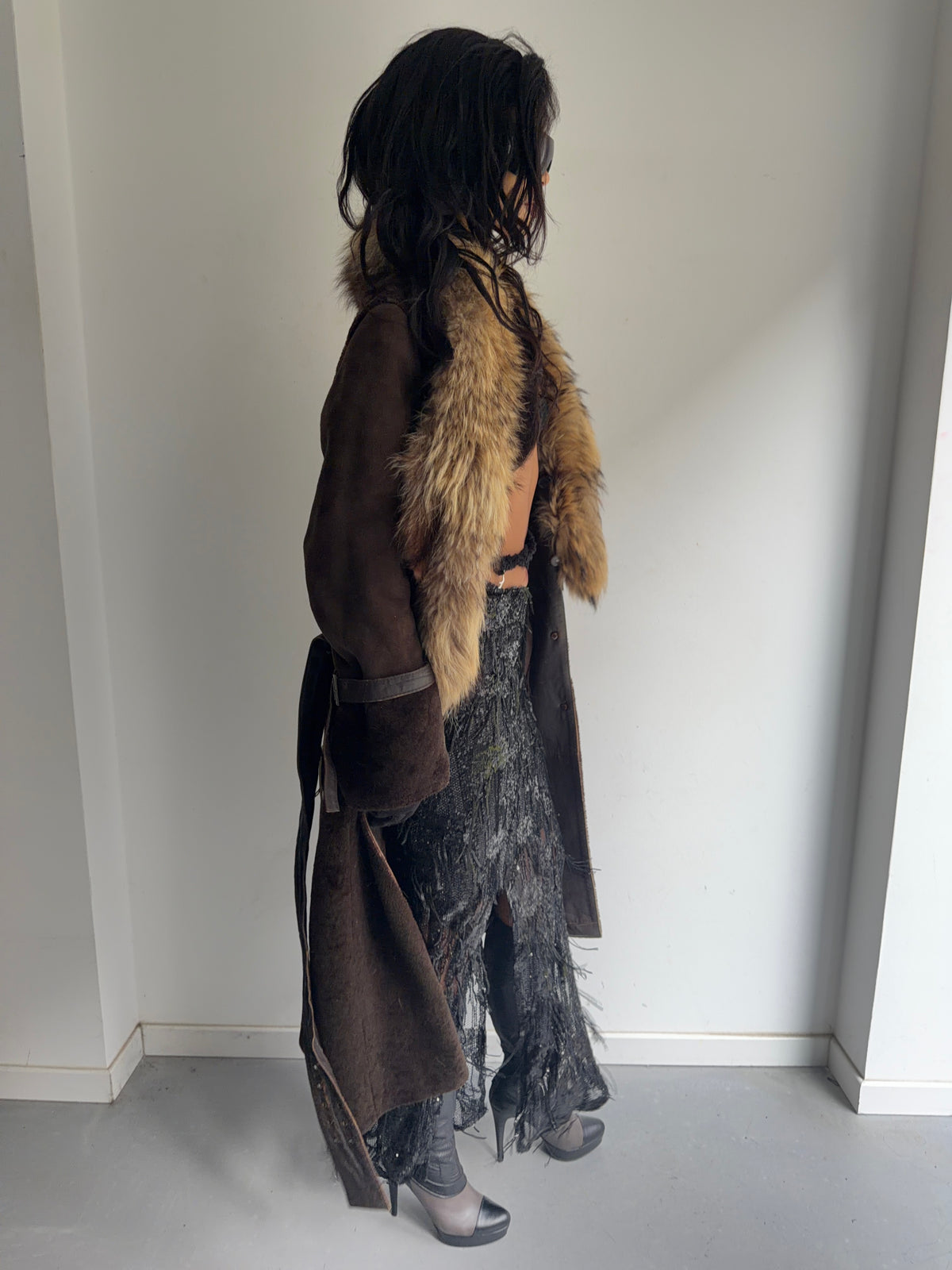 real fur coat with belt
